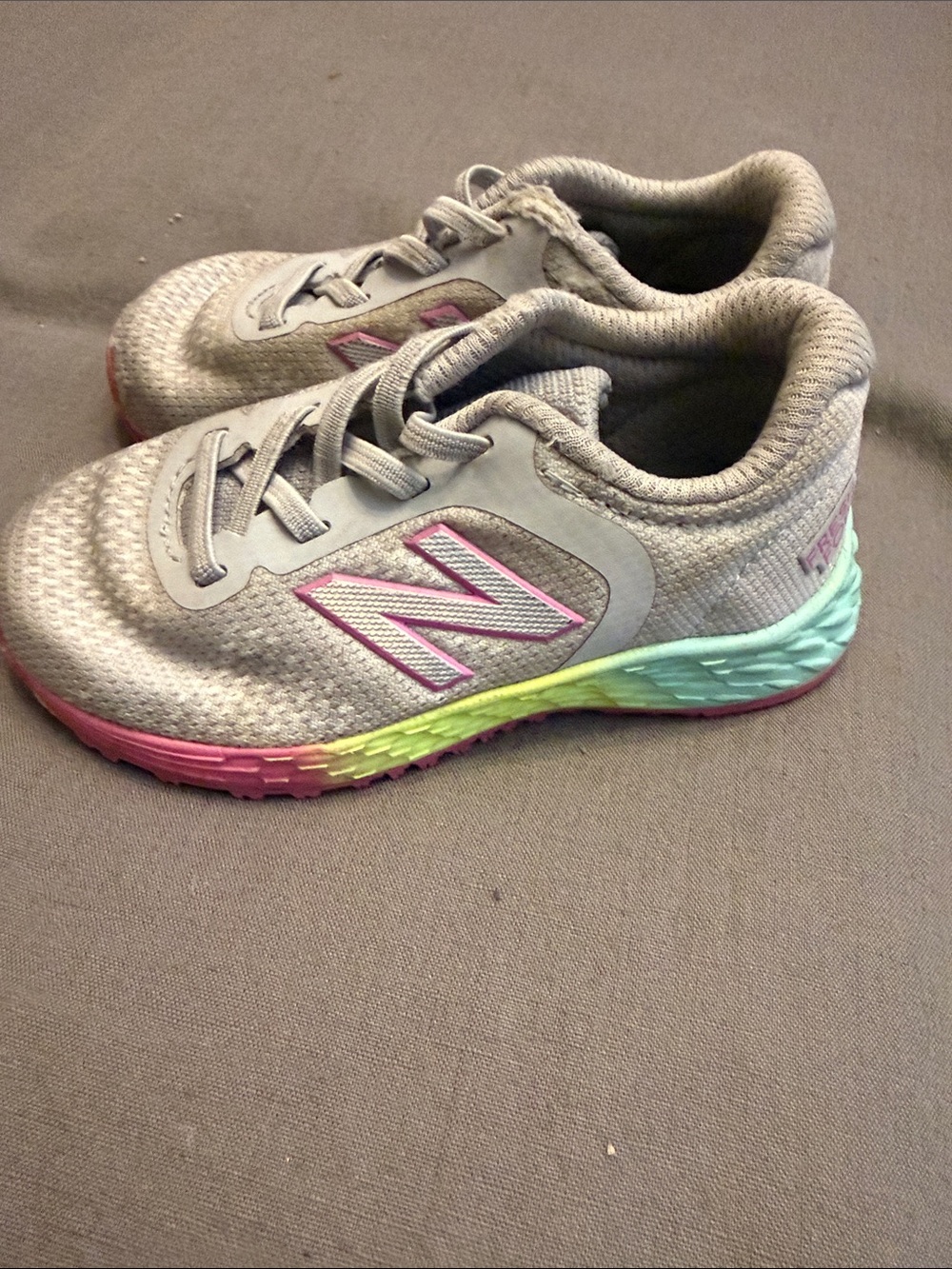 New Balance Kids Gray Sneakers with Pink and Mint Accents
